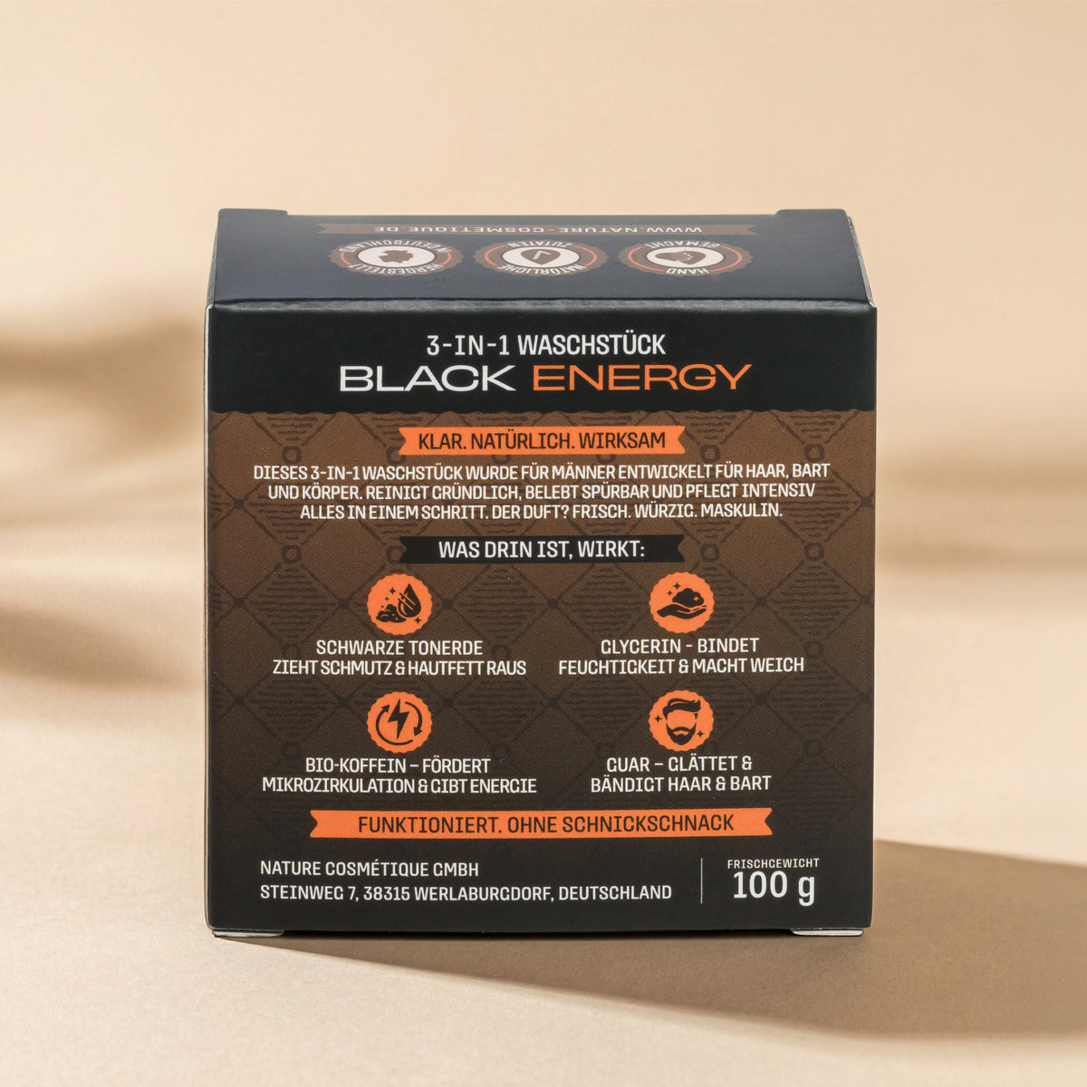 Nature Cosmétique 3 in 1 Waschstück Black Energy Rückseite