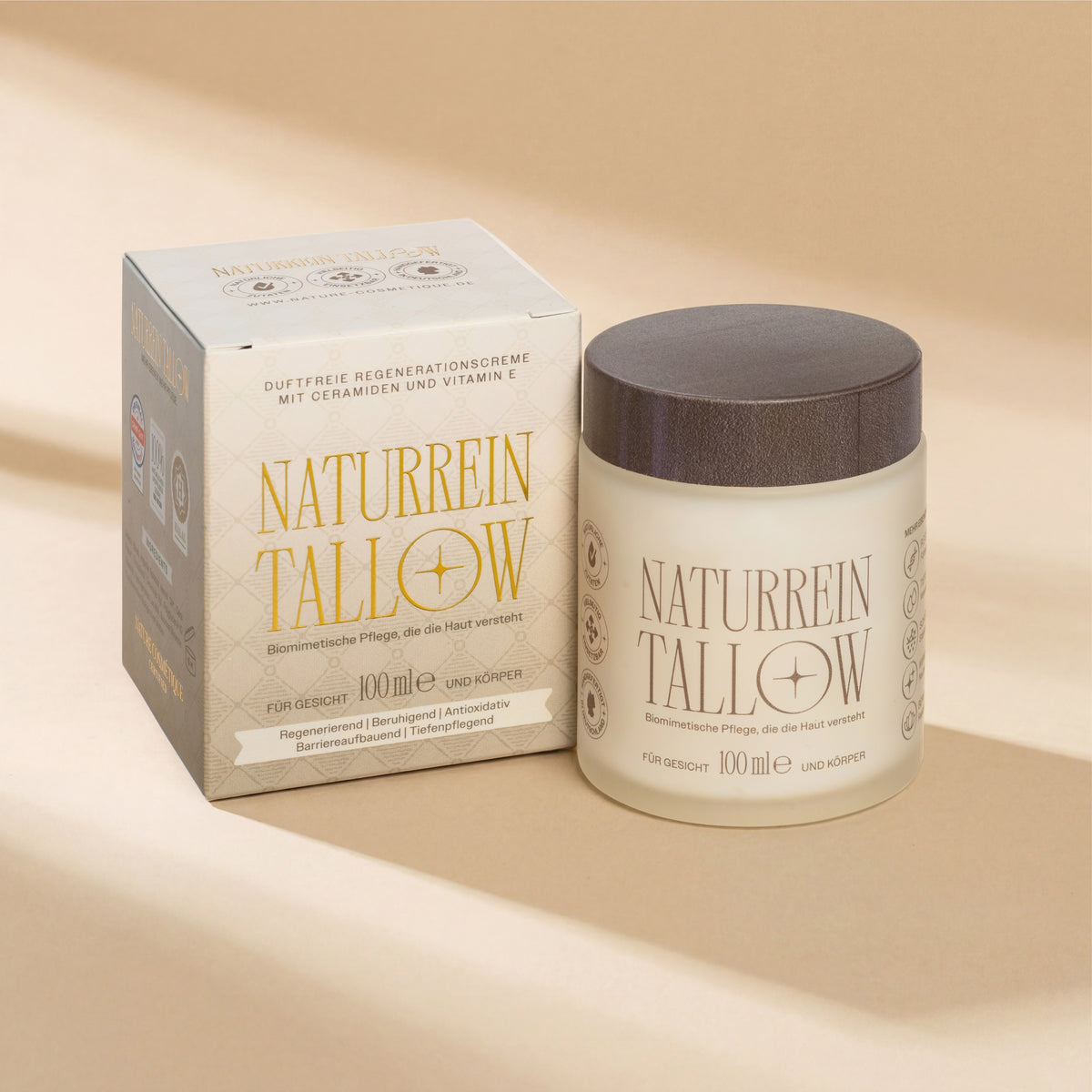 Nature Cosmétique Hautcreme Tallow Naturrein in Verpackung und ohne