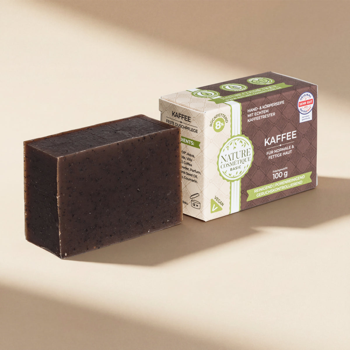 Nature Cosmétique Hand- und Körperseife Kaffee ohne und mit Verpackung