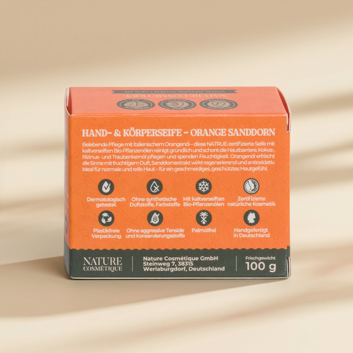 Nature Cosmétique Hand- und Körperseife Orange Sanddorn Rückseite