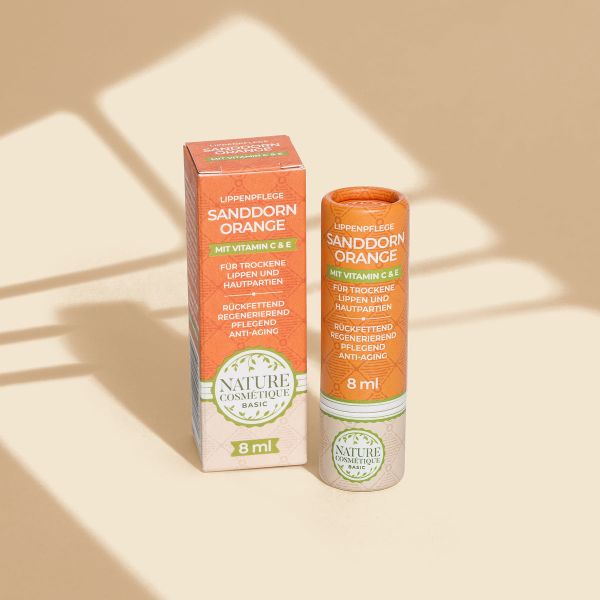 Nature Cosmétique Lippenpflege Sanddorn Orange in Tube und in Verpackung