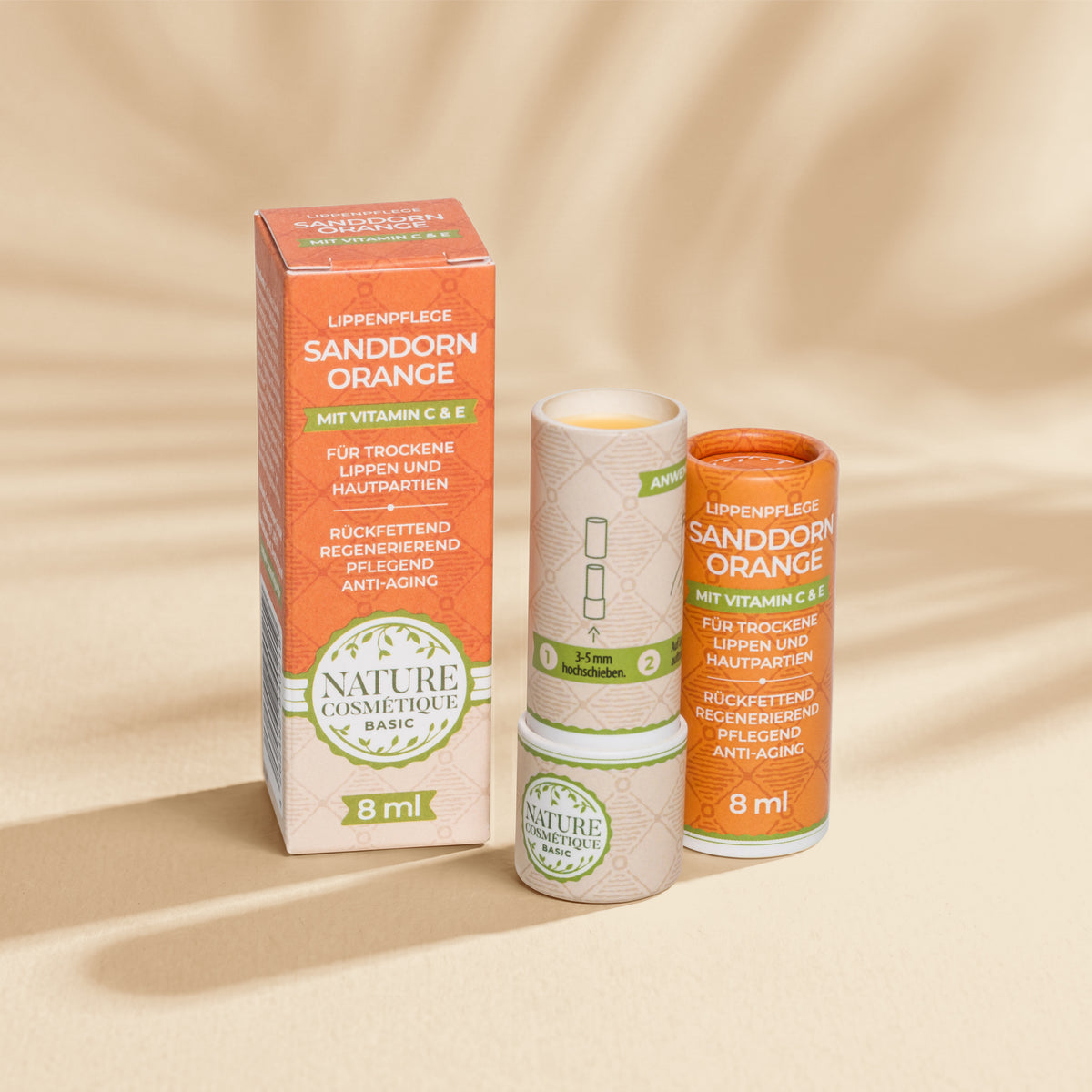 Nature Cosmétique Lippenpflege Sanddorn Orange geöffnet und in Verpackung
