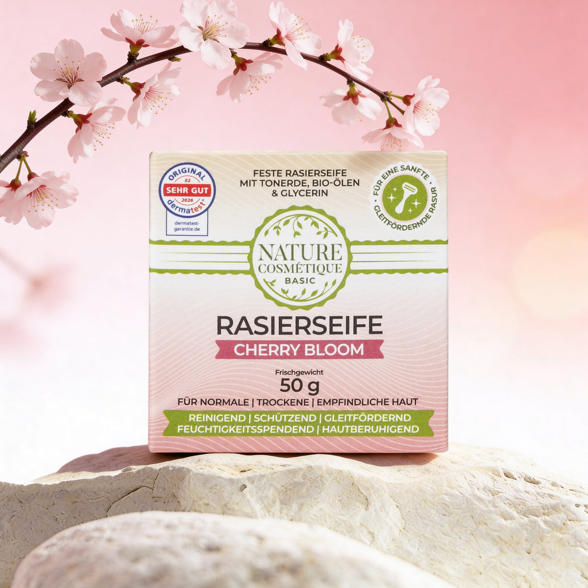 Nature Cosmétique Rasierseife Cherry Bloom auf Stein mit Kirschblüte
