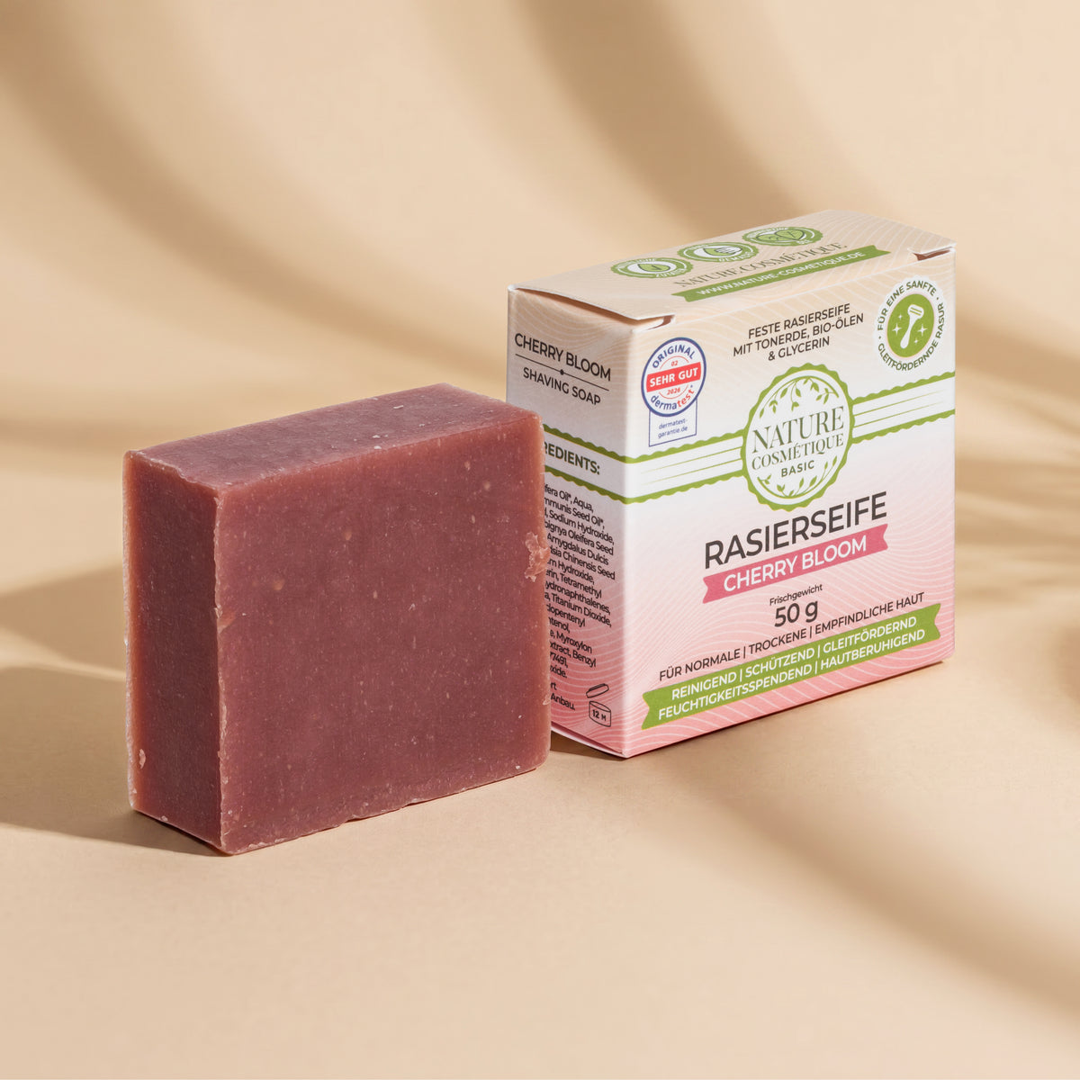 Nature Cosmétique Rasierseife Cherry Bloom ohne und mit Verpackung