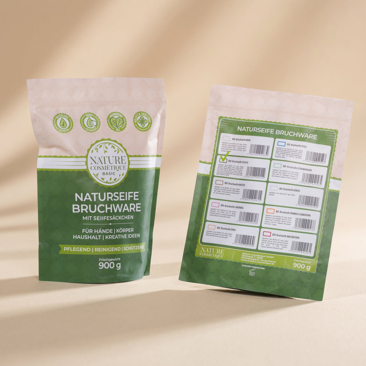 Nature Cosmétique BIO Bruchseife Fichte Vorder- und Rückseite