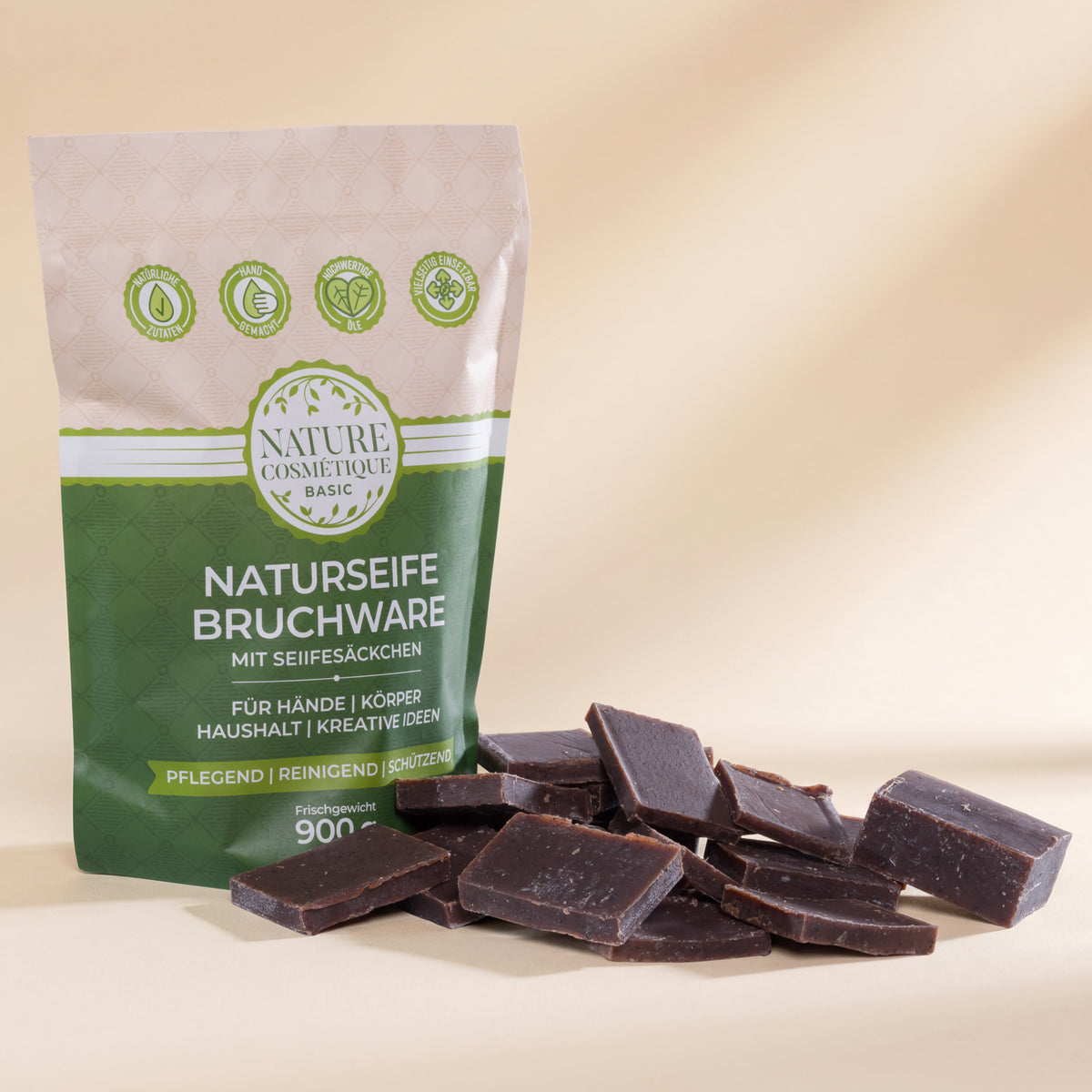 Nature Cosmétique BIO Bruchseife Kaffee Vorderseite und Seifenstückchen