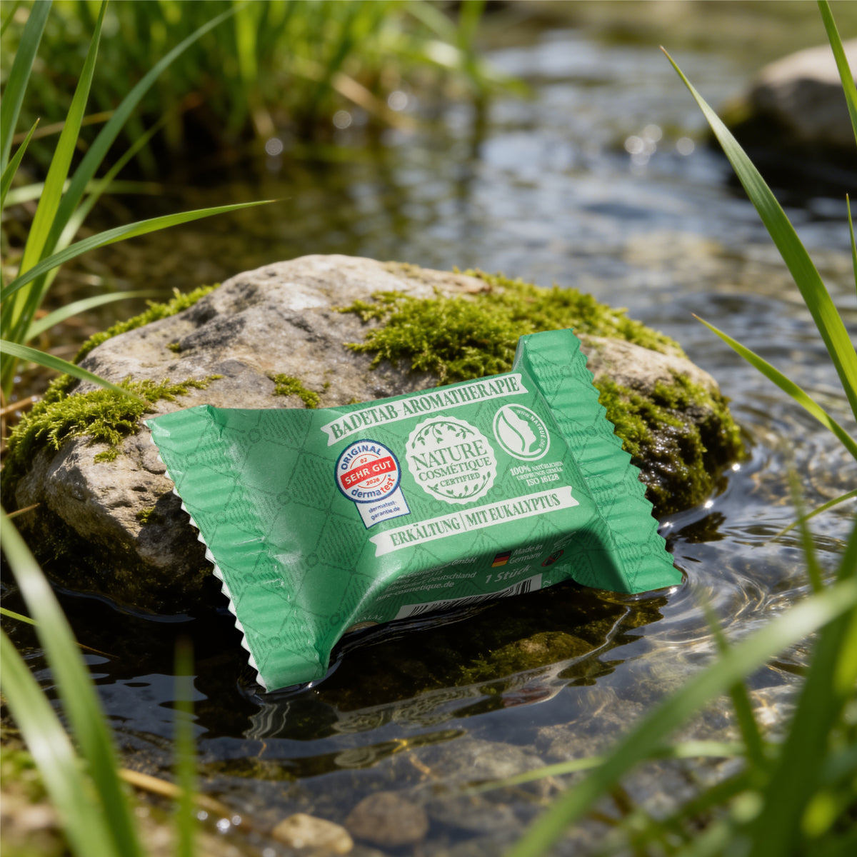 Nature Cosmétique Aromatherapie Badetab Erkältung in Bach auf einem Stein