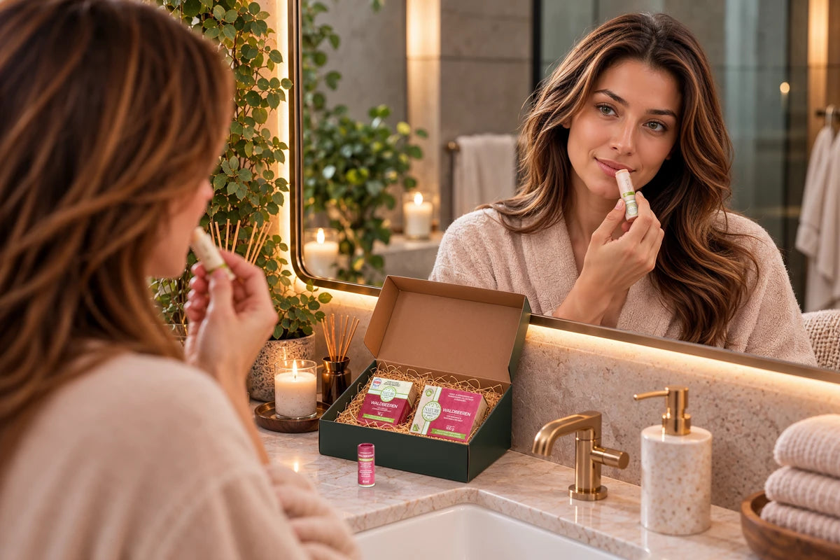 Kosmetik Geschenkset im Bad mit Frau die den Lippenpflegestift verwendet