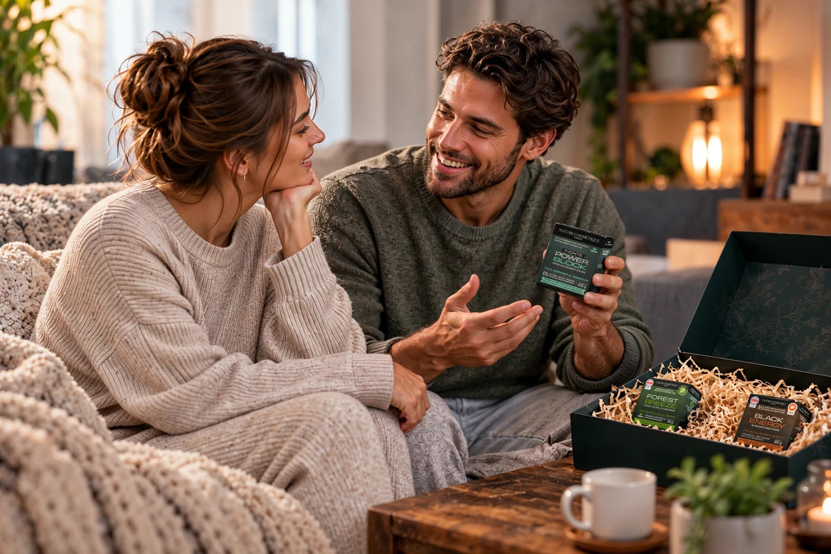 Männer Geschenkset auf dem Tisch und Mann und Frau auf der Couch daneben