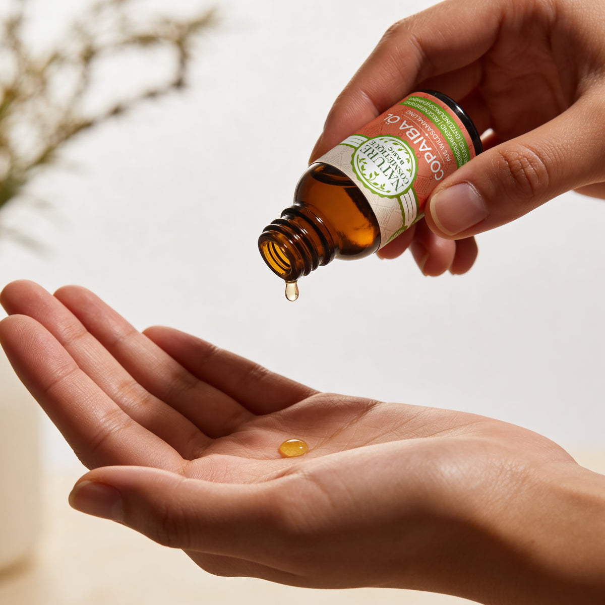Nature Cosmétique Copaiba Öl tropft auf Hand
