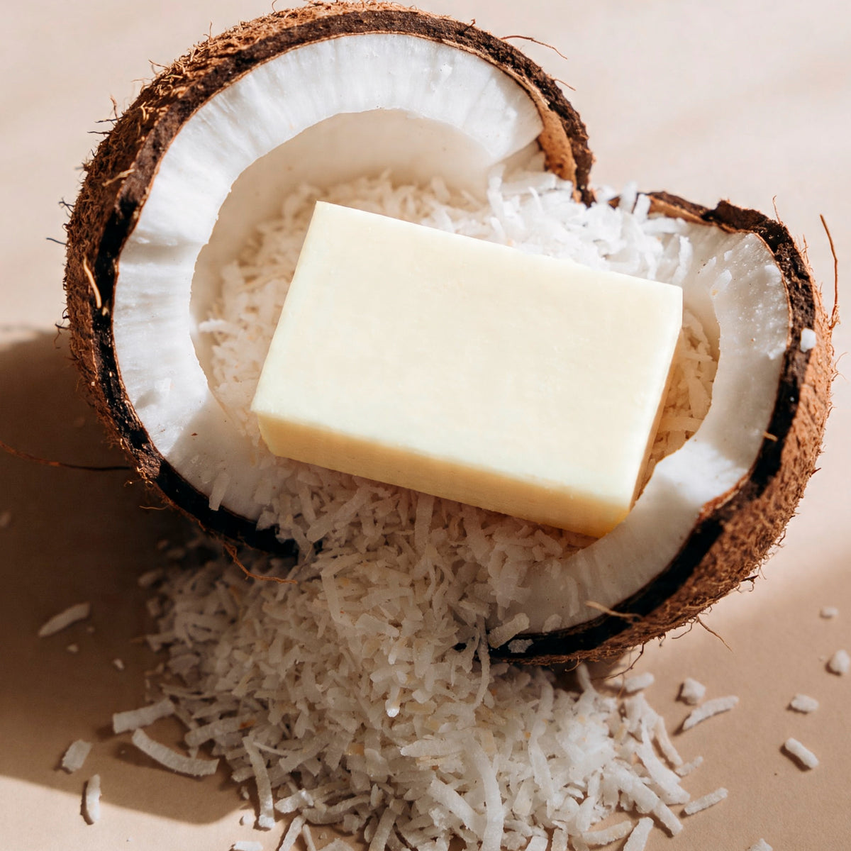 Nature Cosmétique Hand- und Körperseife Kokos in halber Kokosnuss und Kokusstückchen
