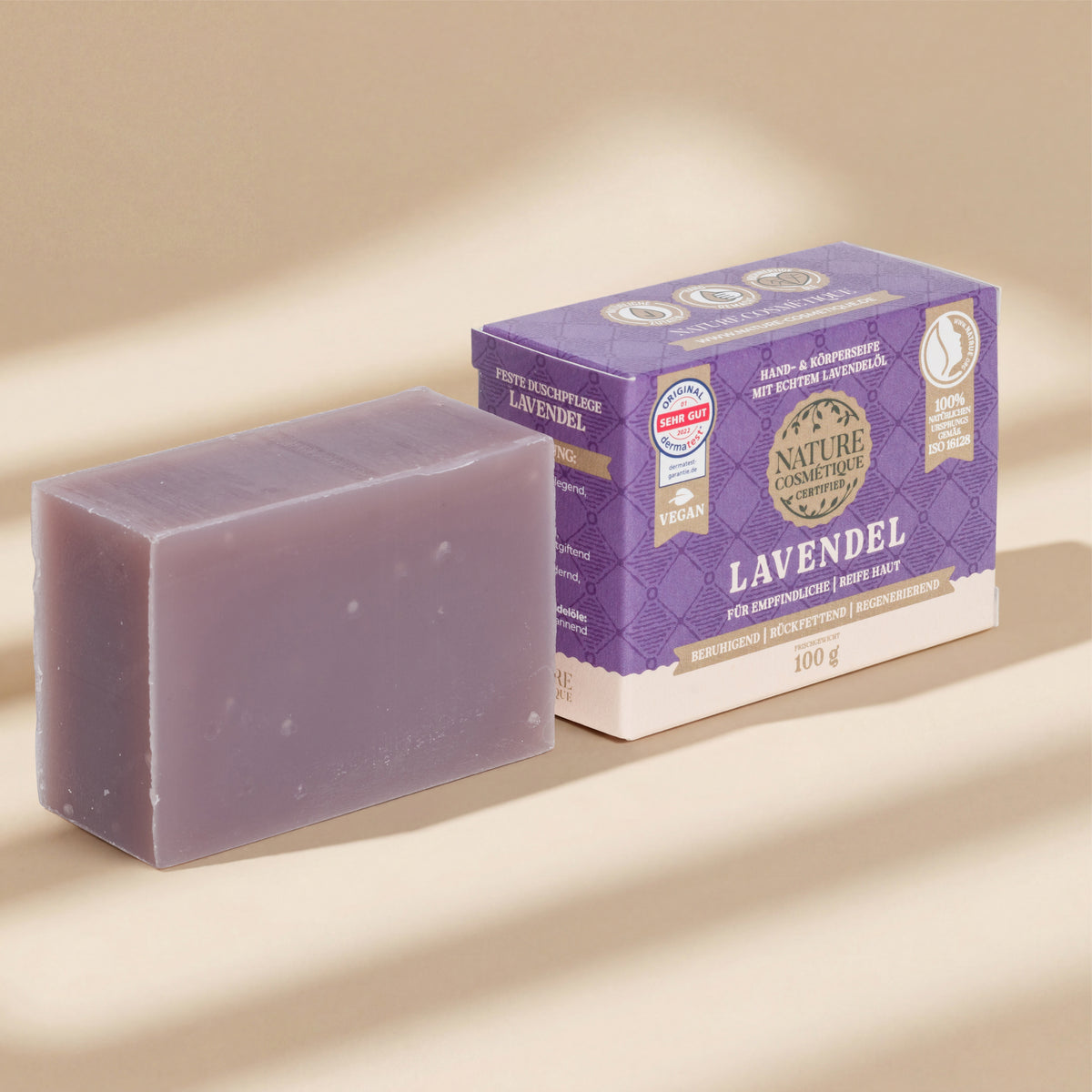 Nature Cosmétique Hand- und Körperseife Lavendel ohne und mit Verpackung