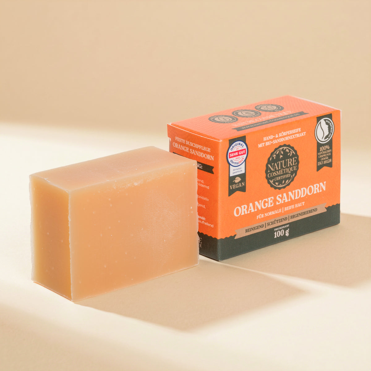 Nature Cosmétique Hand- und Körperseife Orange Sanddorn mit und ohne Verpackung