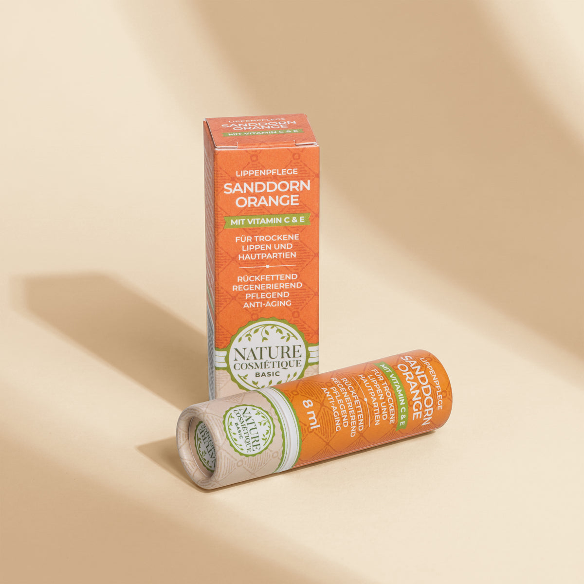 Nature Cosmétique Lippenpflege Sanddorn Orange Tube und Box