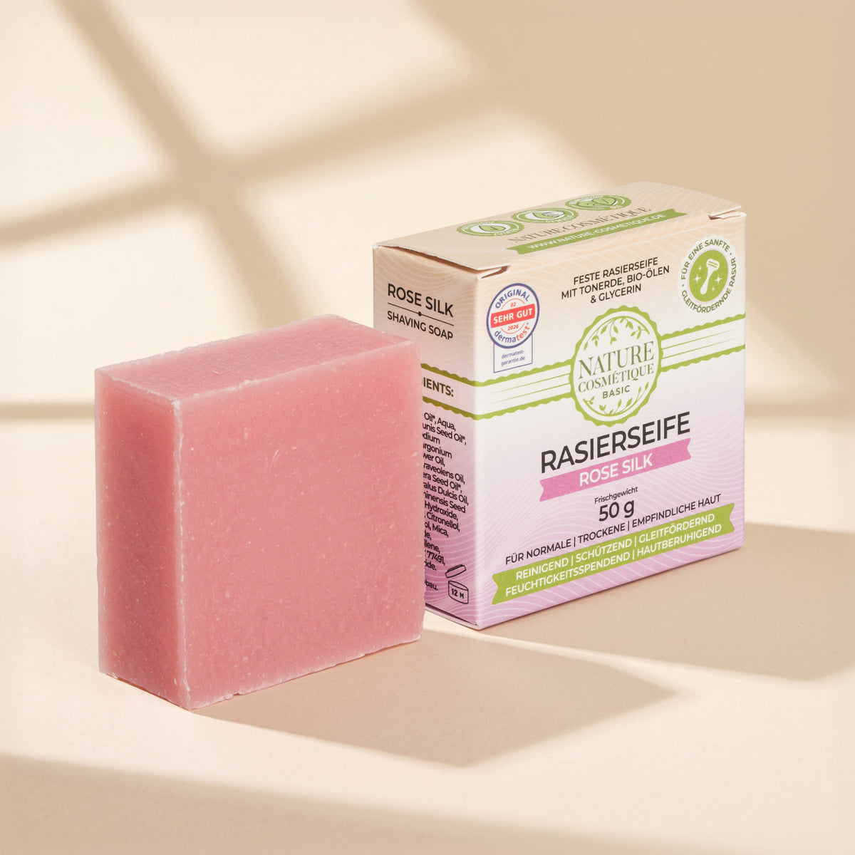 Nature Cosmétique Rasierseife Rose Silk ohne und mit Verpackung