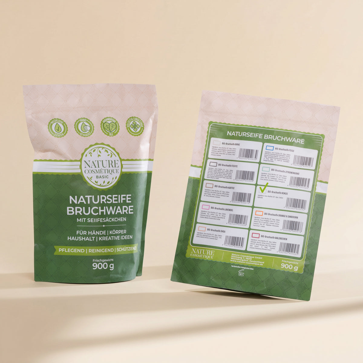 Nature Cosmétique BIO Bruchseife Kokos Vorder- und Rückseite