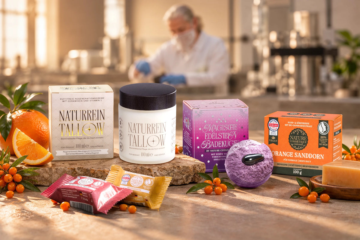 Kosmetik Geschenkset und Inhaltsstoffe im Vordergrund im Hintergrund Seifenlabor
