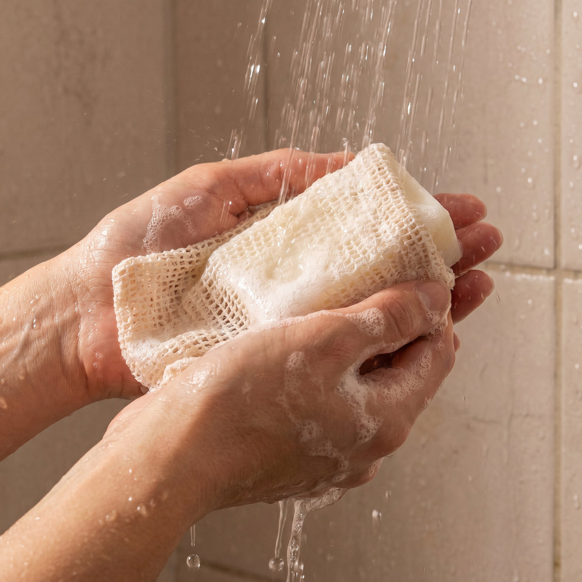 Nature Cosmétique Seifensäckchen mit Schaum unter der Dusche