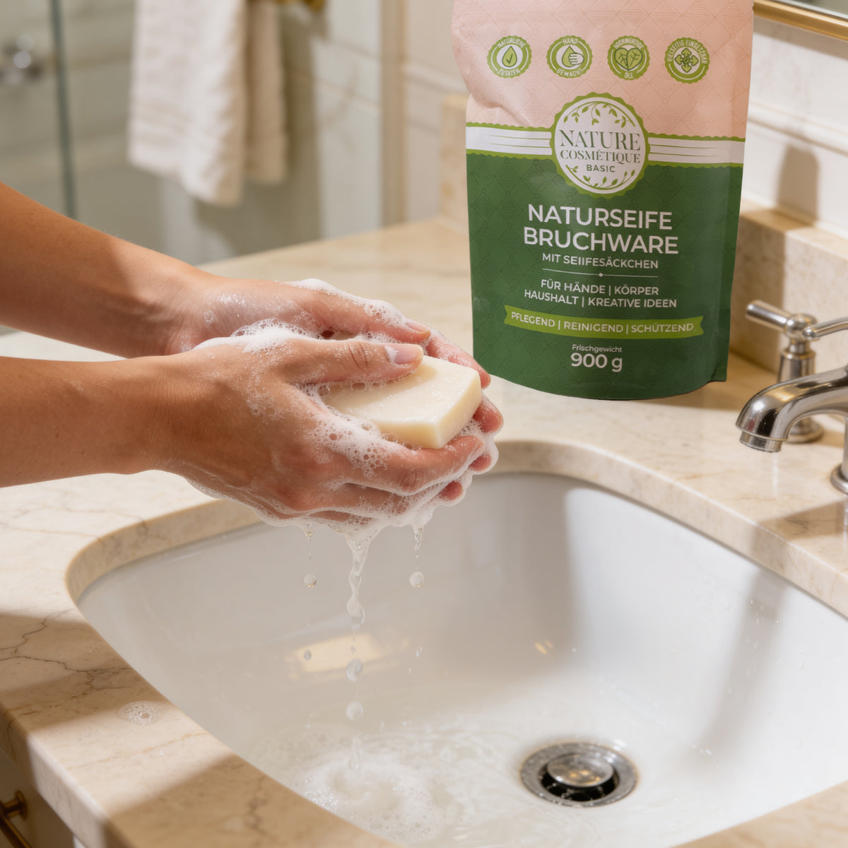 Nature Cosmétique BIO Bruchseife und Hände beim Händewaschen mit der Seife